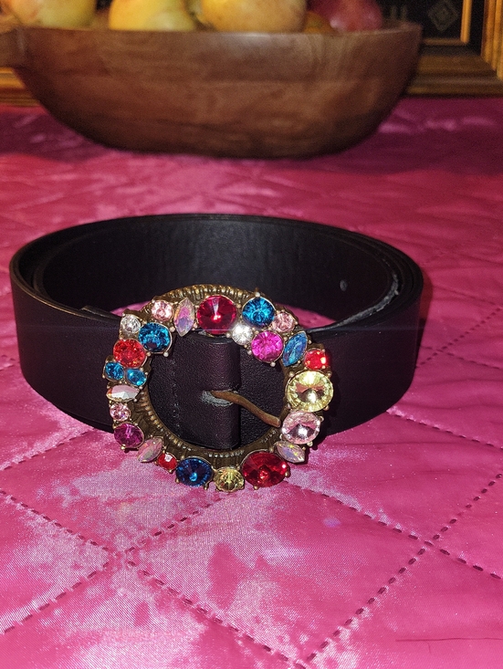 Eloquii Accessories - Eloquii Black Leather Women's Belt with Multicolor Jeweled Buckle 50"